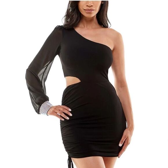 City Studios Junior's One Shoulder Cutout Bodycon Dress Black Size 1X - Picture 2 of 10